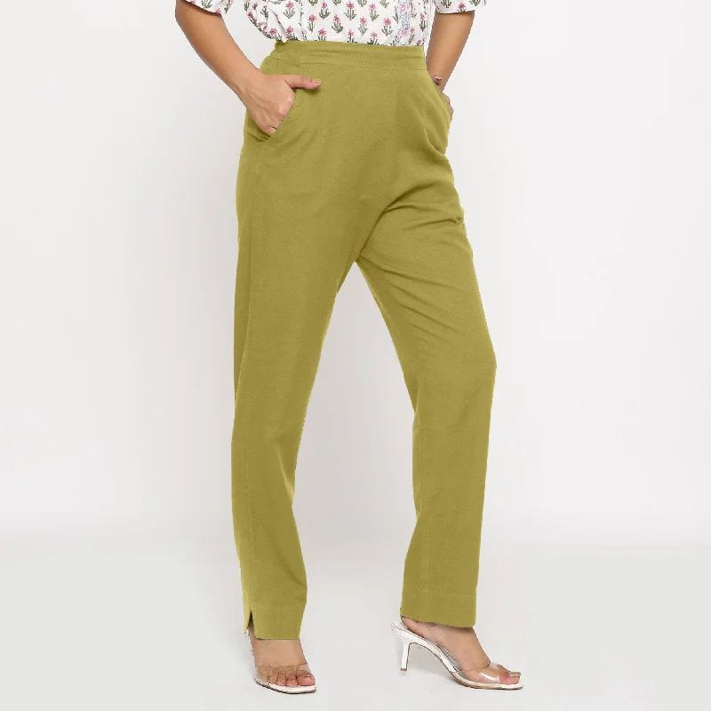 Olive Green Cotton Flax Elasticated Mid-Rise Tapered Pant