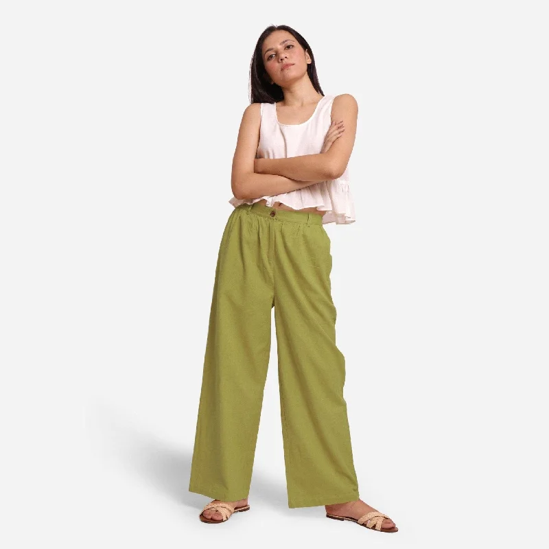 Olive Green Cotton Flax Elasticated Wide Legged Pant