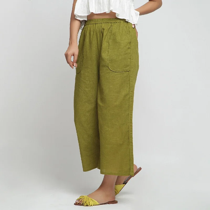 Olive Green Cotton Mid-Rise Elasticated Wide Legged Pant