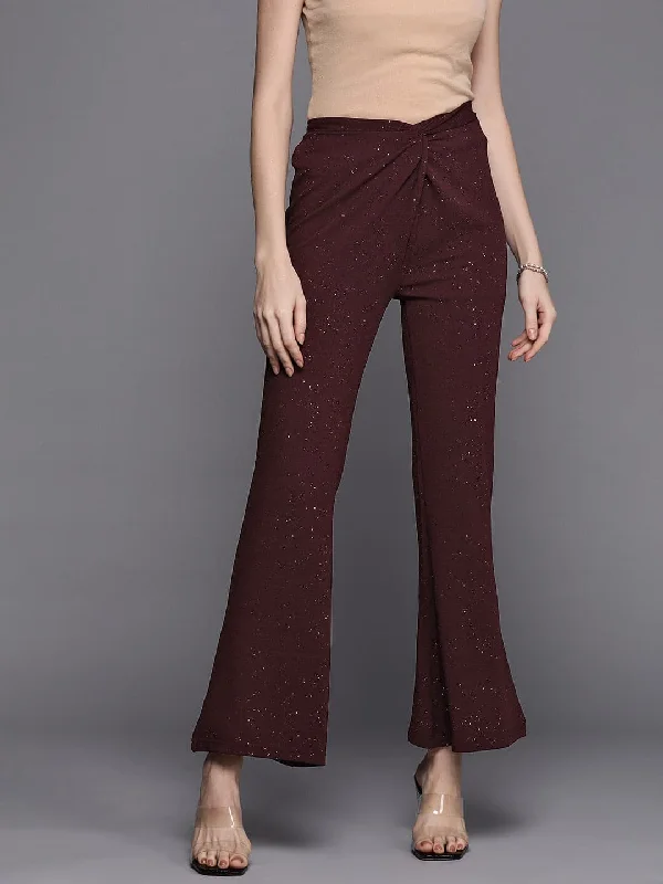 Women Burgundy Shimmer Twisted Bellbottom Pants