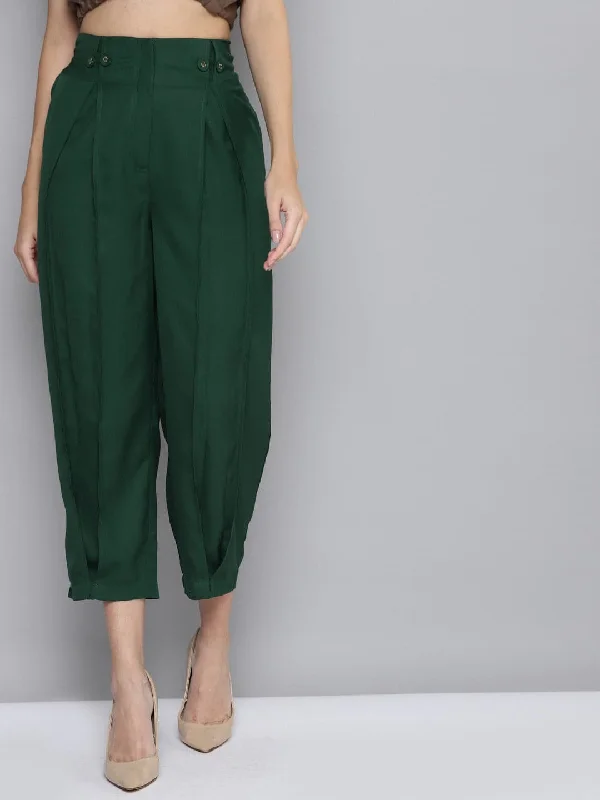 Women Emerald Green Front Pleat Pants