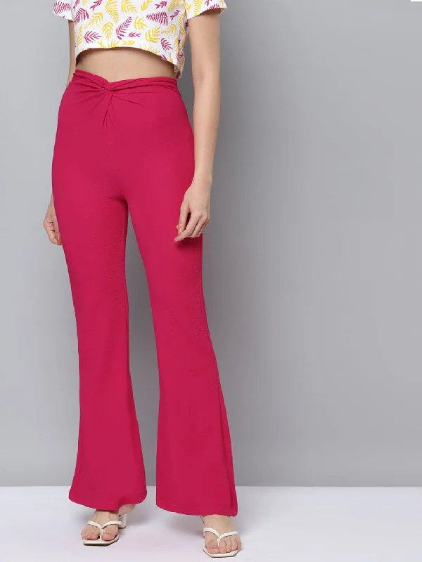 Women Fuchsia Twisted Waist Bell Bottom Pants