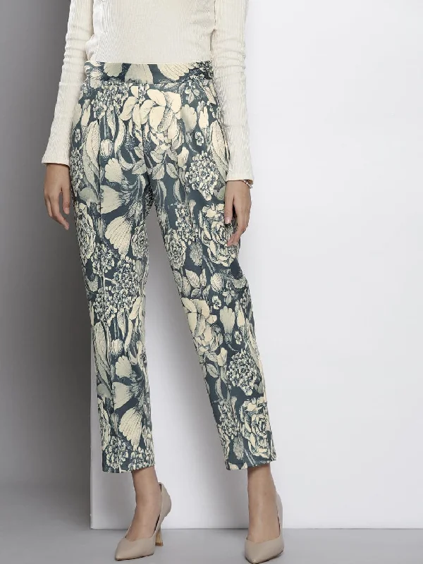 Women Grey Floral Scuba Straight Pants