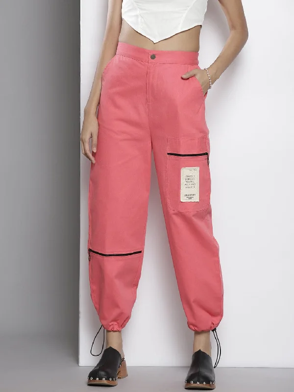 Women Pink Twill Pull Hem Joggers