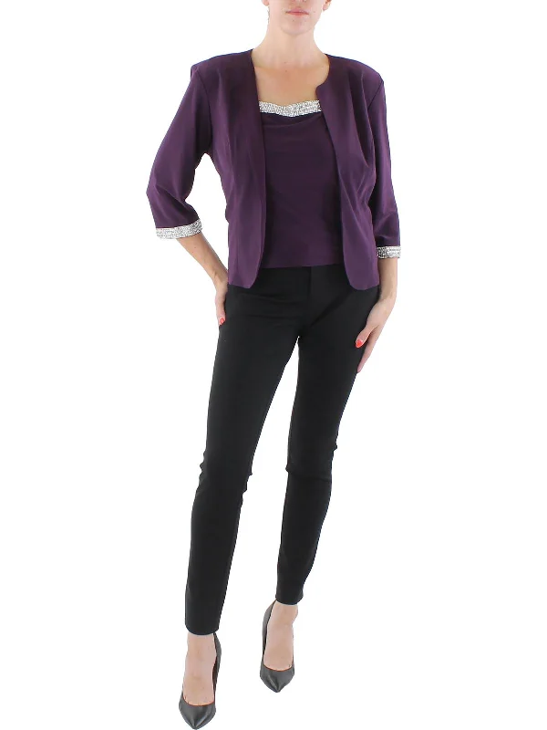 Petites Womens Knit 2PC Collarless Blazer