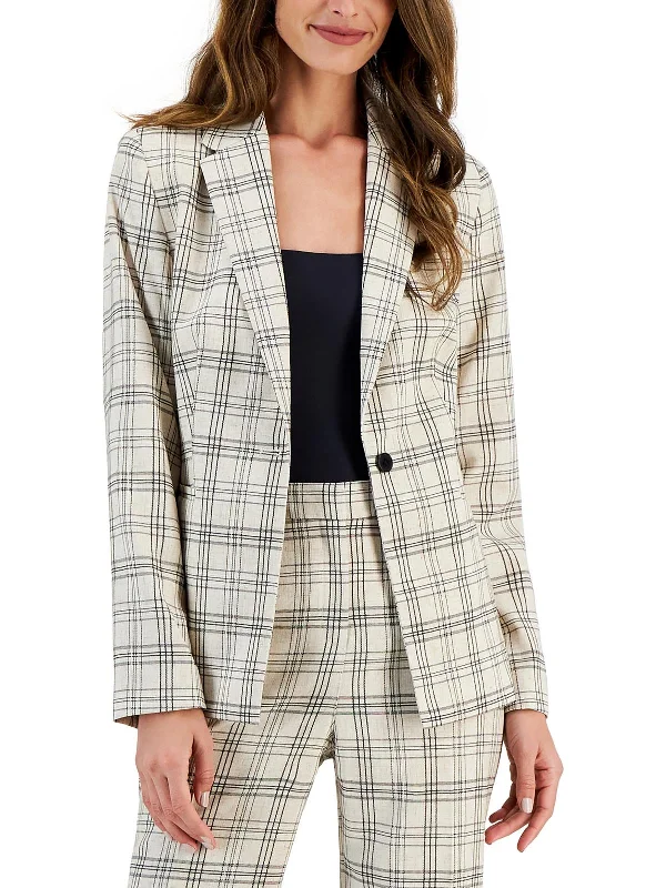 Womens Plaid Linen One-Button Blazer