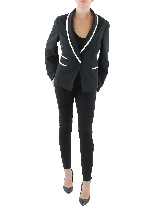 Womens Woven Contrast Trim One-Button Blazer