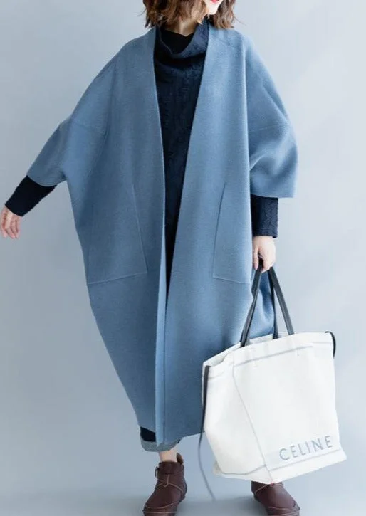 Blue Wool Overcoat Loose Long Winter Coat Fall Jackets Batwing Sleeve