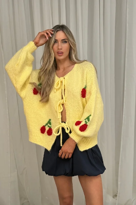 Leona Tie Front Cherry Cardigan In Yellow