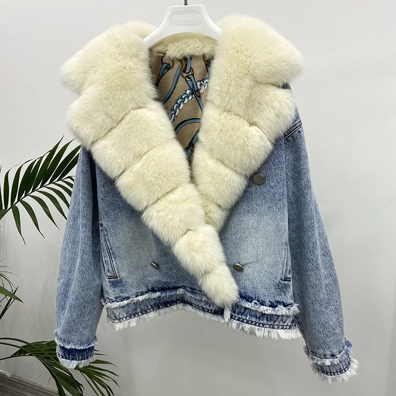 Luxury Casual Turn-down Real Fox Collar Winter Denim Jacket for Women