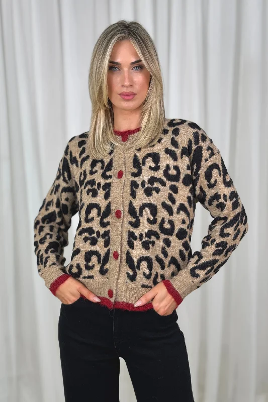 Millie Red Trim Cardigan In Leopard Print