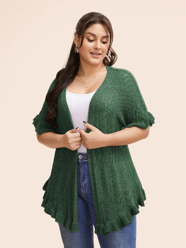 Plain Ruffles Pointelle Knit Cardigan