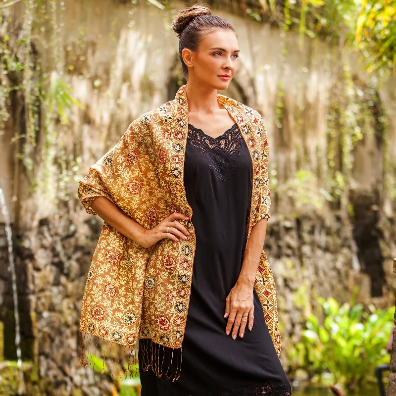 Truntum Forest in Ginger Batik Silk Shawl with Ginger Floral Motifs from Bali