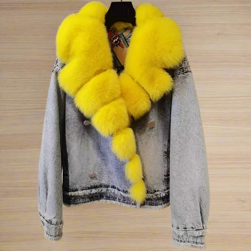 Women's Luxury Warm Winter Real Fox Fur Collar Casual Denim Jacke