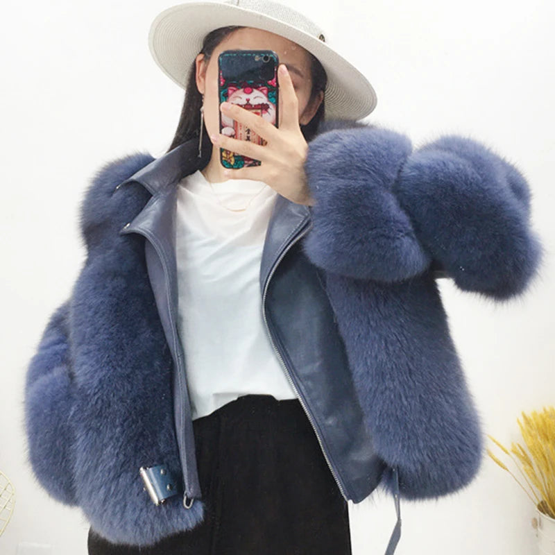 Women's Navy Blue Winter Real Fox Fur Collar Genuine Sheepskin Leather Jacket