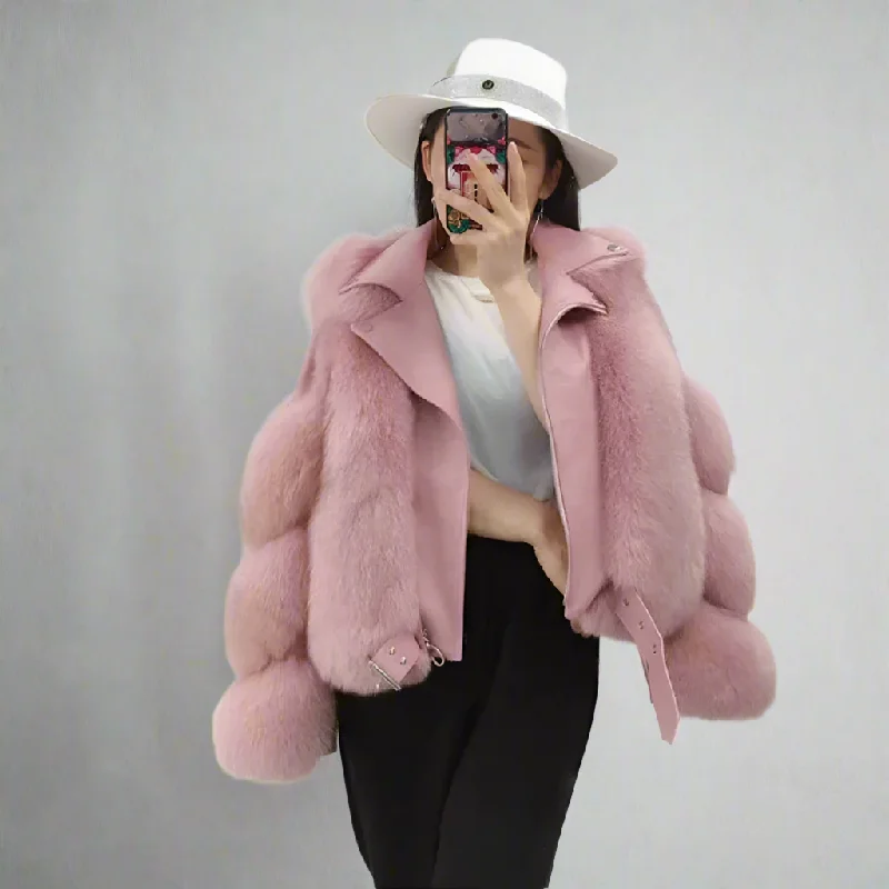 Women's Pink Winter Real Fox Fur Collar Genuine Sheepskin Leather Jacket