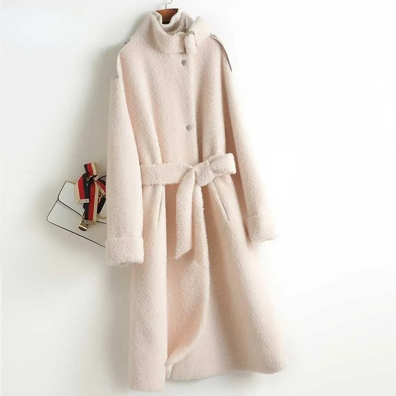 Women's Real Fur Shearling Wool Korean Fashion Lace-up Long Jacket