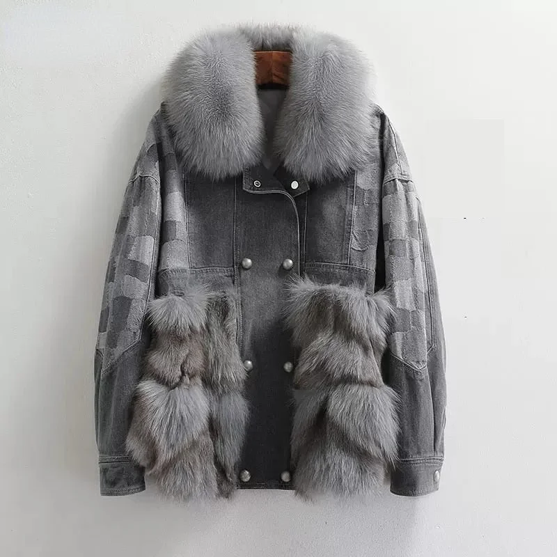 Women's Winter Denim Fox Fur Collar Thick Warm Wide-waisted Coat