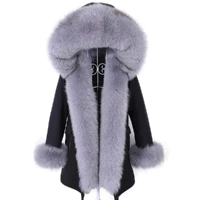 Women's Winter Long Hooded Big Removable Real Fox Fur Collar Jacket