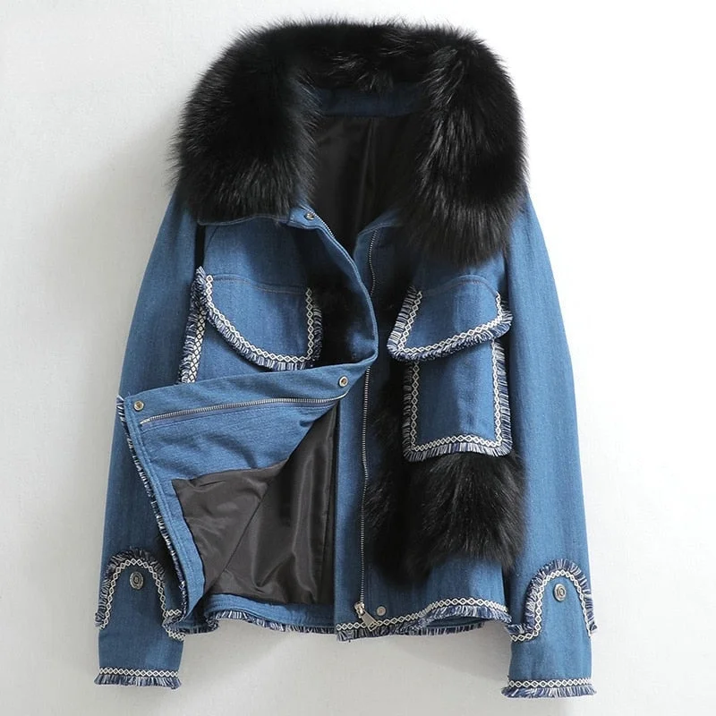 Women's Winter Warm Denim Fox Fur Collar Raccoon Fur Short Coat