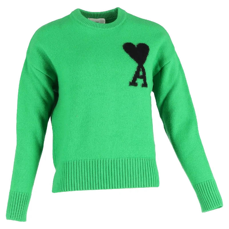 Ami De Coeur Knitted Crewneck Sweater in Green Wool