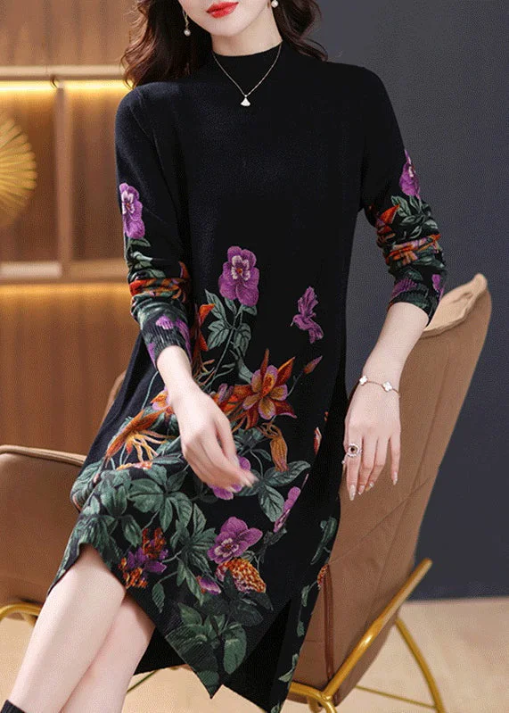 Beautiful Black Turtleneck Print Wool Knit Dress Long Sleeve