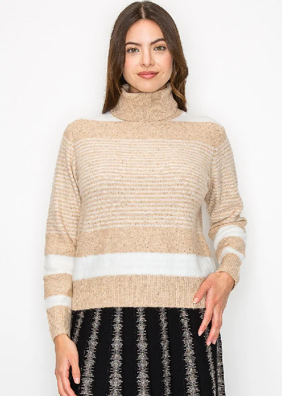 Beige Striped Turtleneck Sweater