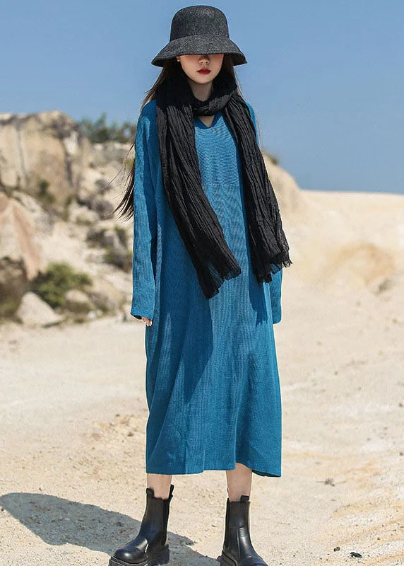 Blue Loose Casual Knit Long Dress V Neck Spring