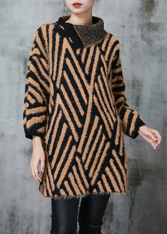 Chic Khaki Turtle Neck Striped Knit Long Sweater Winter