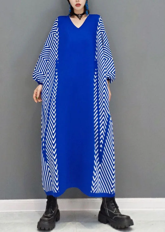 Classy Blue Striped Knit Long Dresses Spring