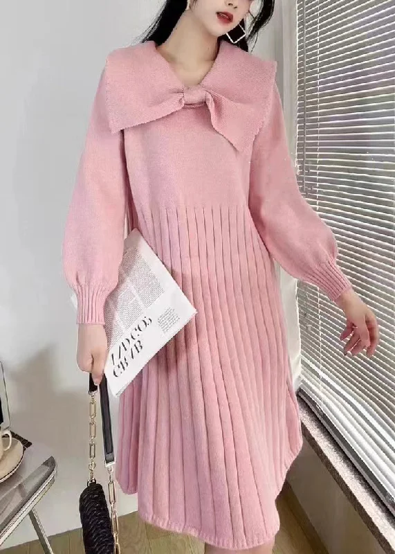 Elegant Pink Bow Wrinkled Knit Sweater Dress Winter