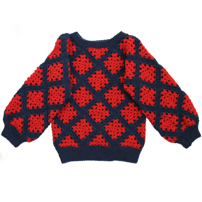 Luca Sweater in Blueprint / Jazzy Red by Kalinka - Last Ones In Stock - 4-8 Years