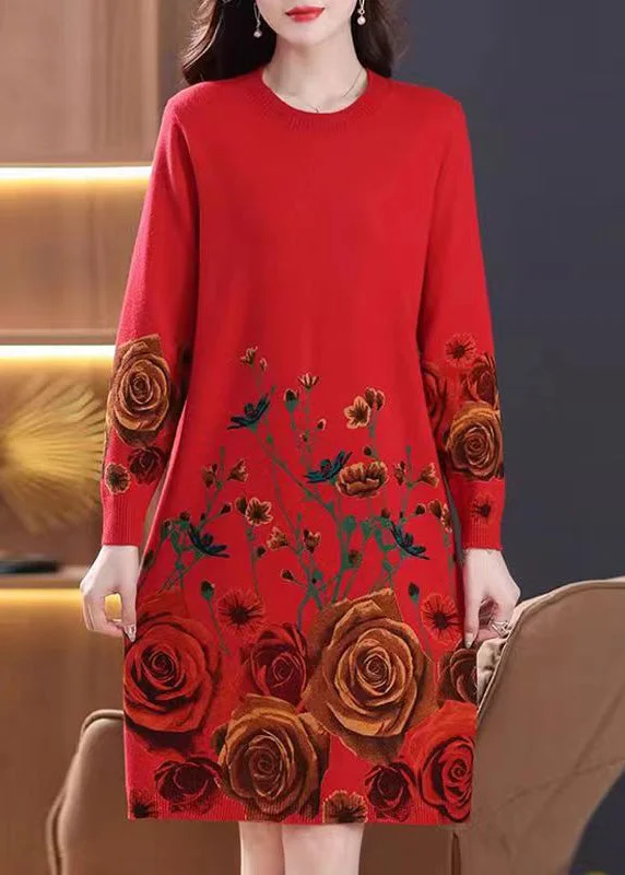 New Red Print Side Open Wool Knit Dresses Long Sleeve