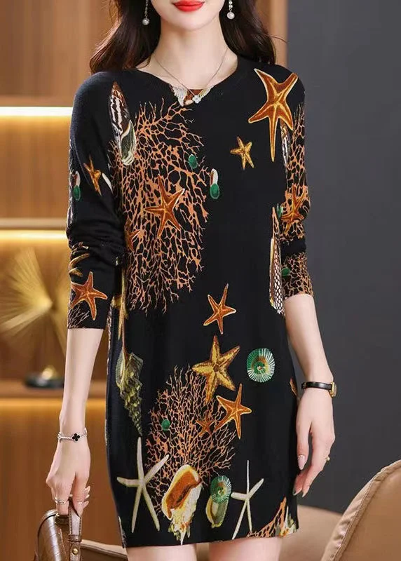 Stylish Black O Neck Print Woolen Mid Sweater Dress Spring