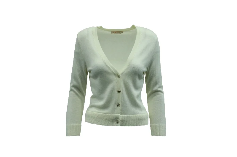 Tory Burch Cardigan with Logo Buttons in Cream Wool