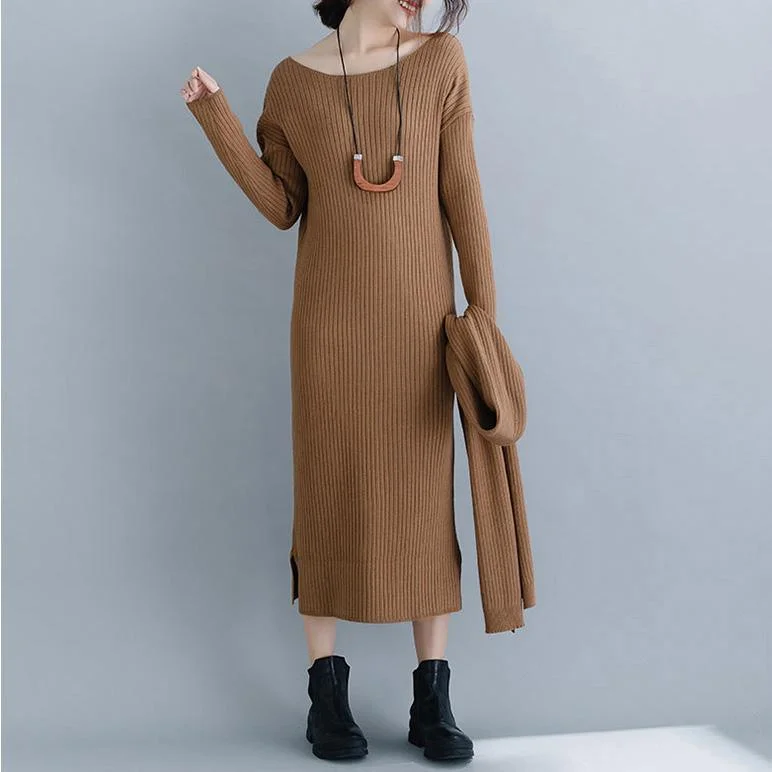 Vintage brown Sweater Wardrobes Beautiful Ugly o neck slim knit dress