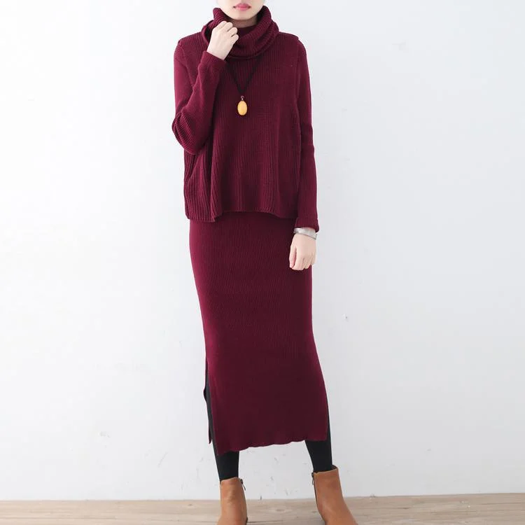 Warm burgundy long slim  sweaters dresses two pieces and high neck sleeveless  knit pullover