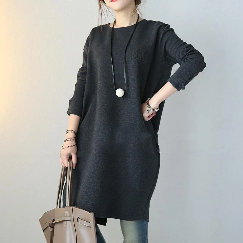 warm dark gray sweaters fall fashion baggy dresses knitted tops Fine O neck long sleeve shirt