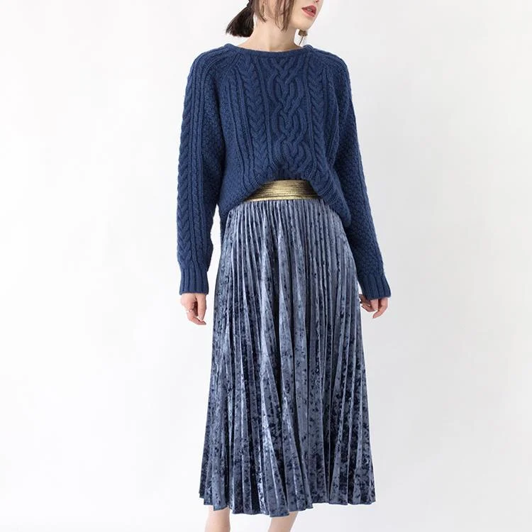 women blue chunky sweaters oversized O neck side open knitted blouses     vintage cable knit shirt