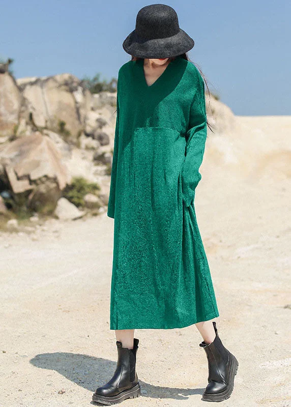 Women Green V Neck Patchwork Knit Maxi Dress Spring