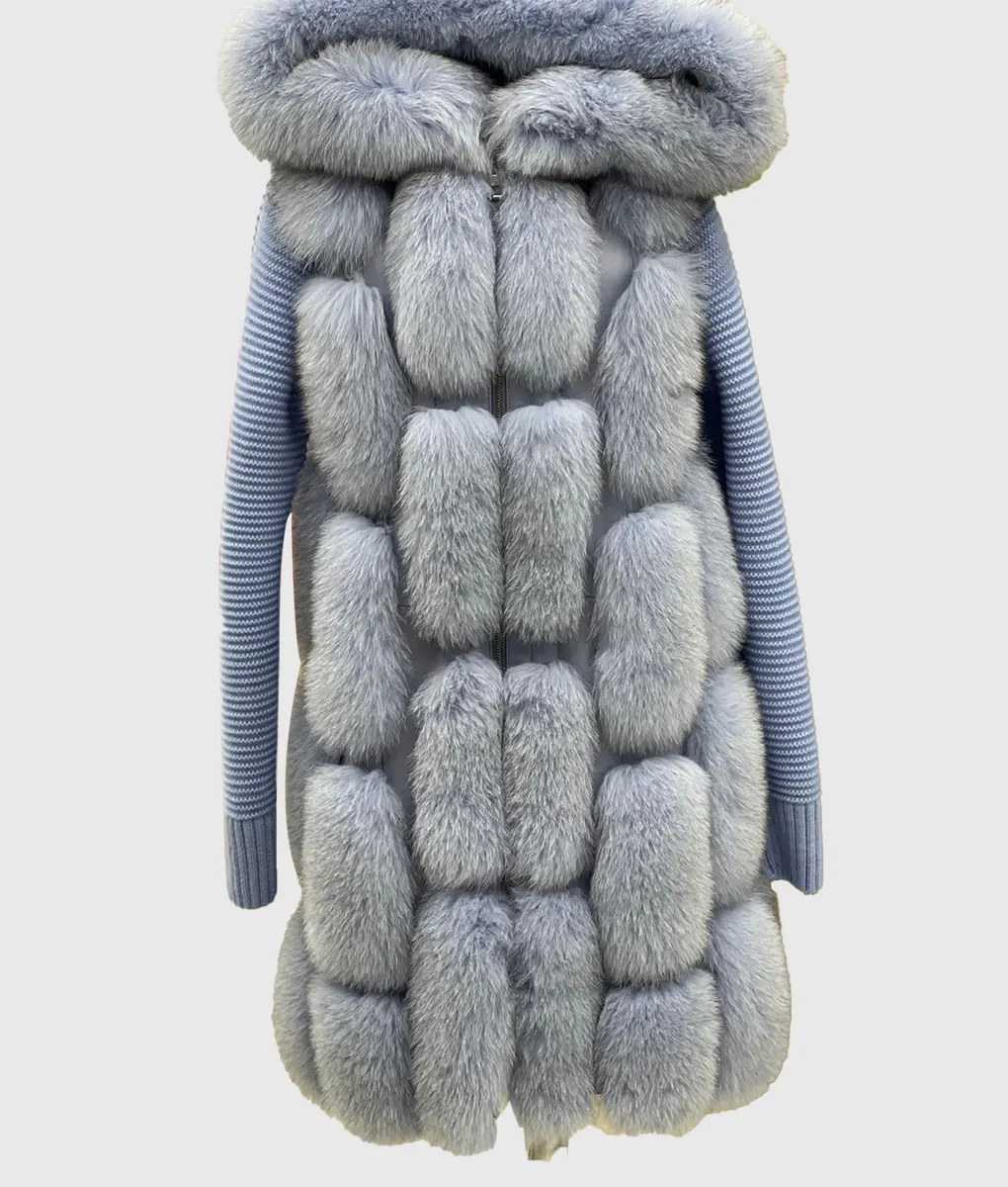 Anigiston Women Blue Trimmed Long Fox Fur Coat With Hood