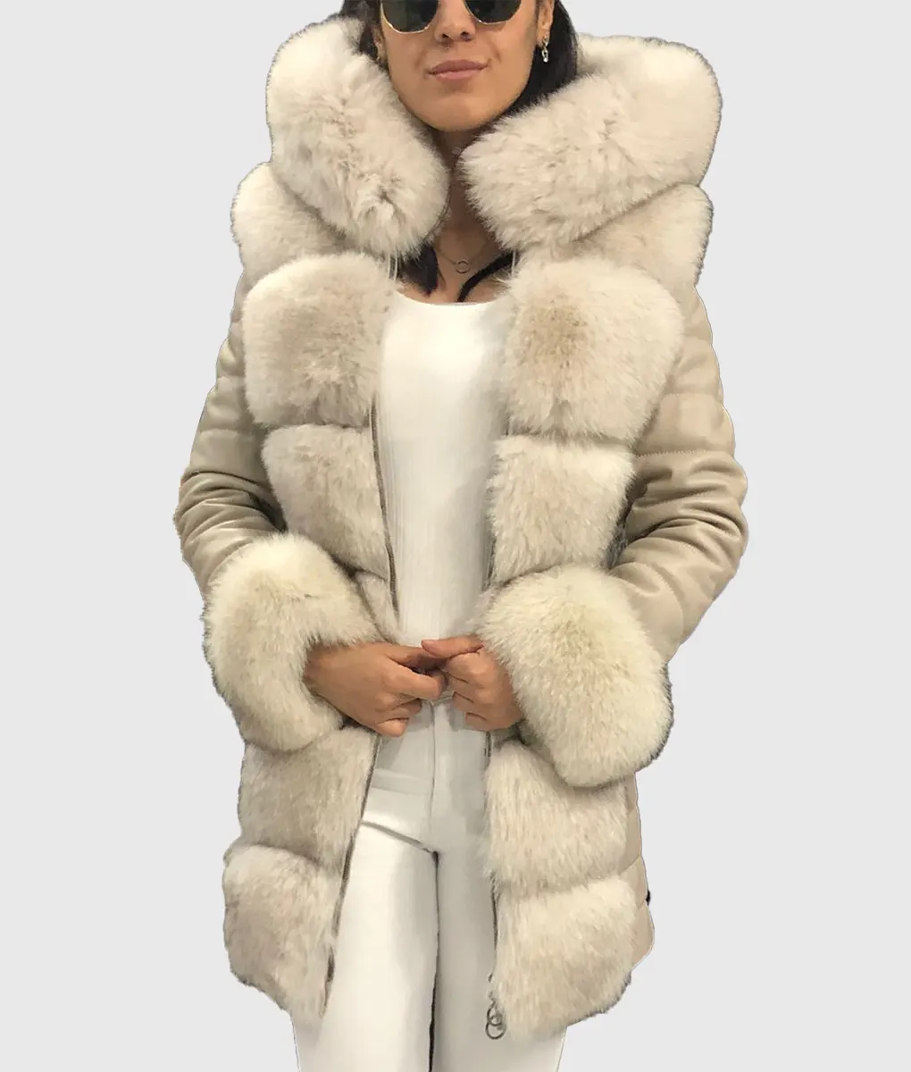 Anilson Women White Trimmed Long Fox Fur Coat With Hood