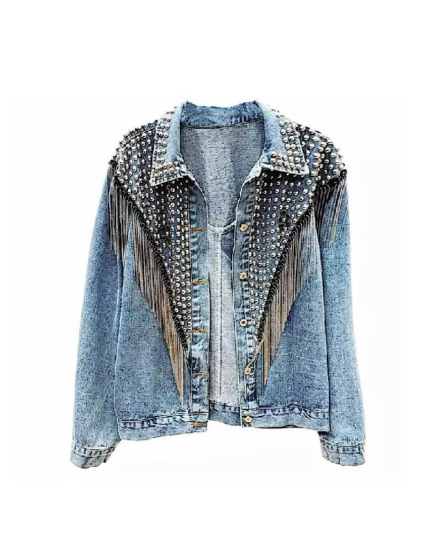 Blue Denim Studded and Fringed Jacket