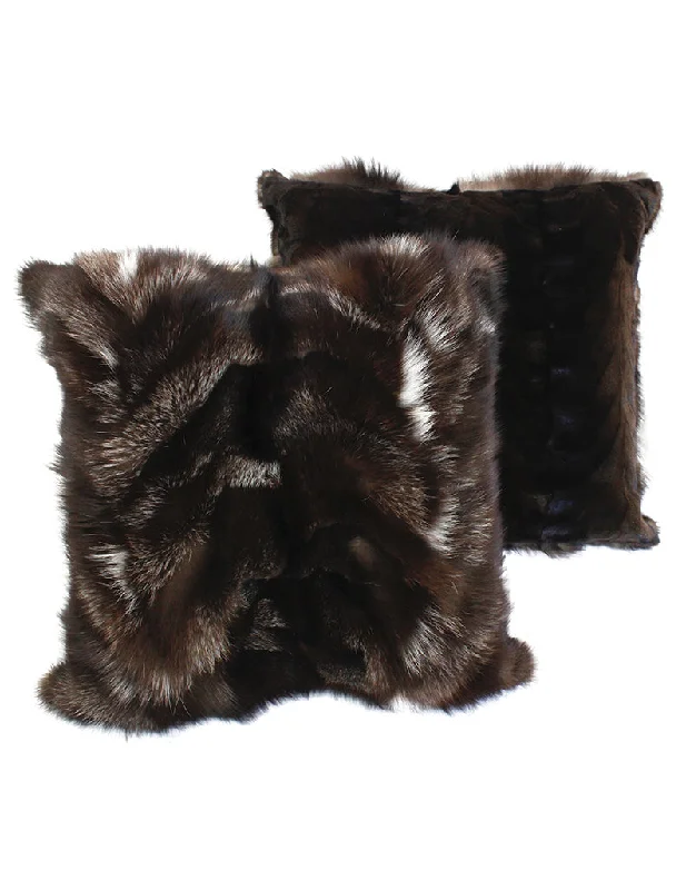 BROWN SILVER FOX FUR PILLOW REVERSIBLE TO DARK SHEARED MINK