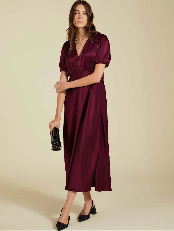 Cathy Satin V-Neck Midi Dress | Burgundy