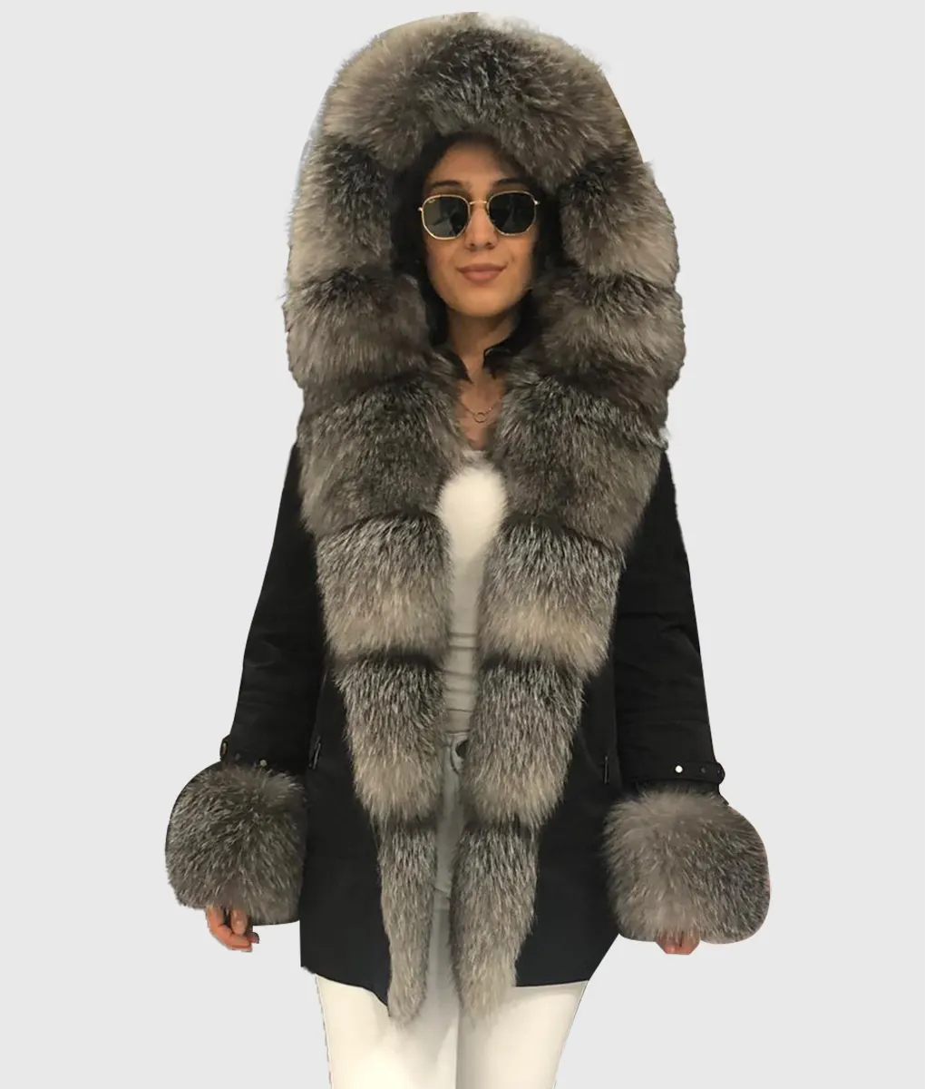 Cox Women Black Fox Fur Coat Long Trim With Hood