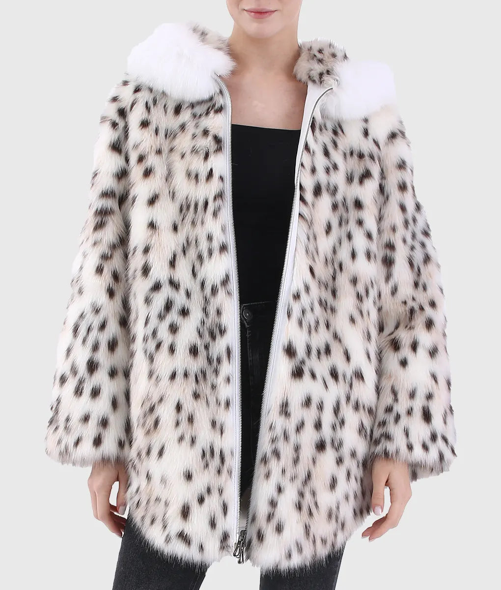 Exe Women Black & White Lynx Fur Coat With Hood