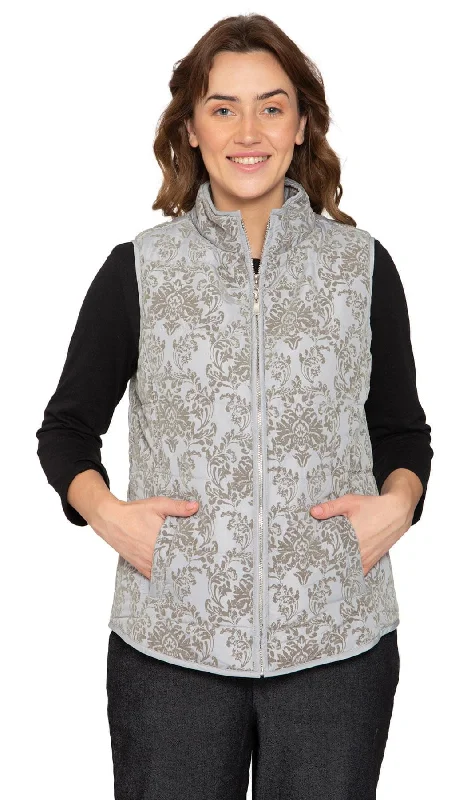 Women's Flocked Damask Print Zip Front Vest With Lining And Fill