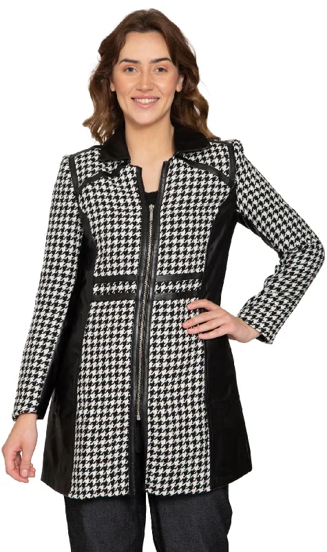 Women's Houndstooth Zip Front Mixed Media Vegan Leather Jackets