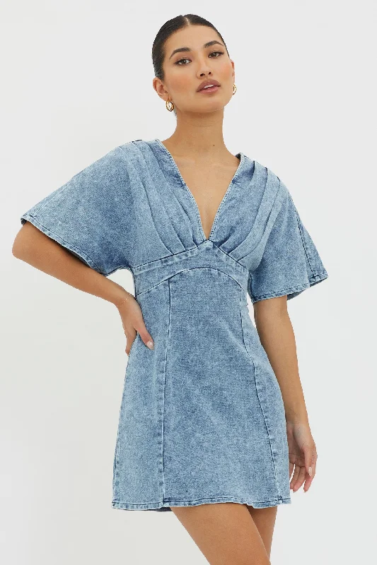 Jessika Pleated Bust Mini Dress Denim Blue